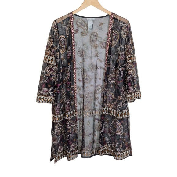 Catherines Plus Size Boho Sheer Open Front Top Size 1X Embroidery Black Paisley - Picture 1 of 12